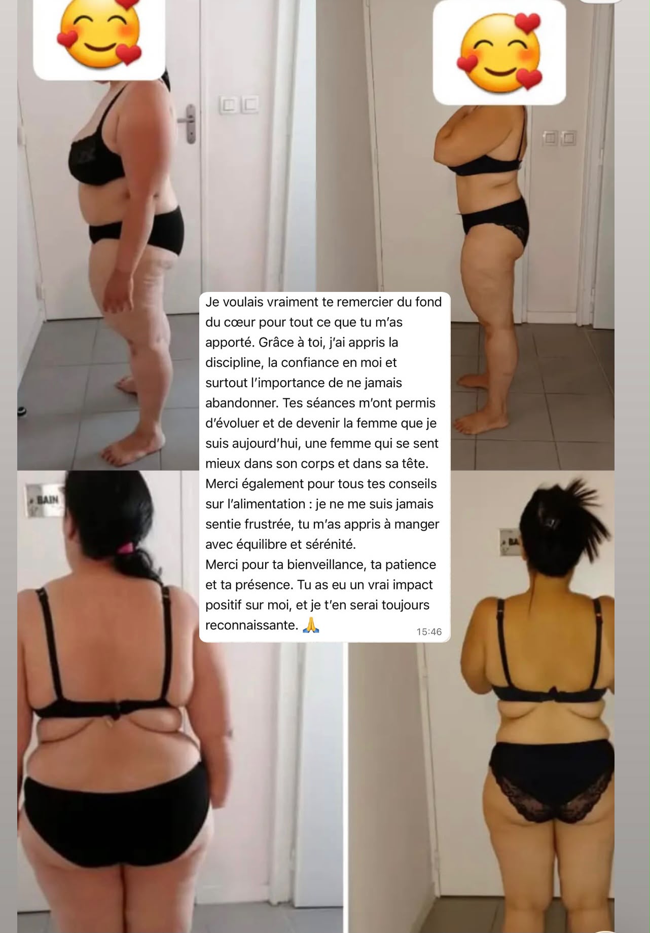 Photos avant/après d'une cliente Sanoafit illustrant sa transformation physique après plusieurs mois de programme en ligne