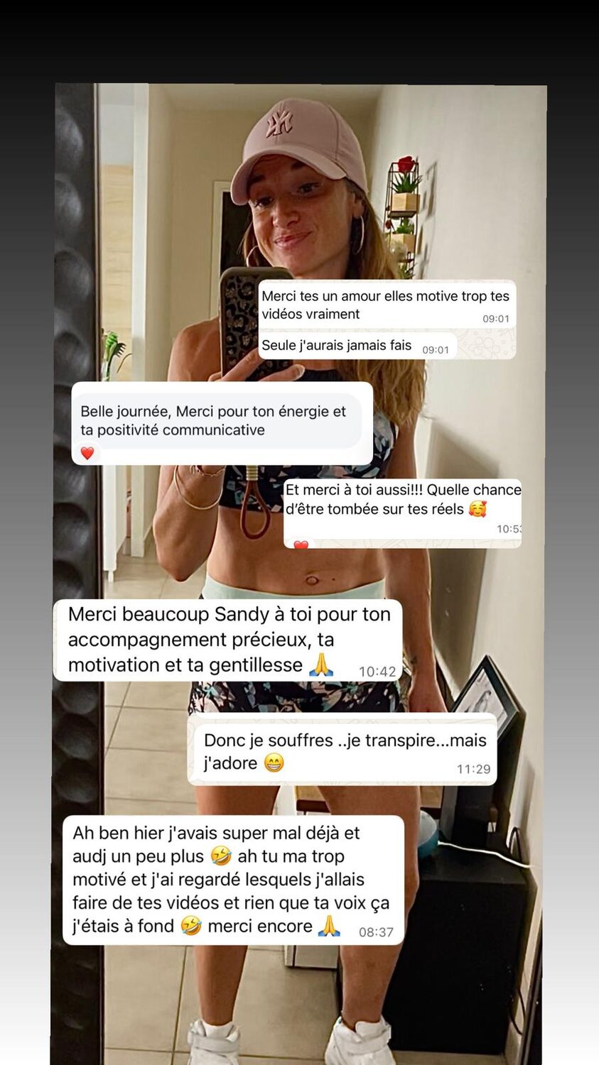 Capture d'écran de messages d'une cliente Sanoafit remerciant Sandy pour son accompagnement et sa motivation