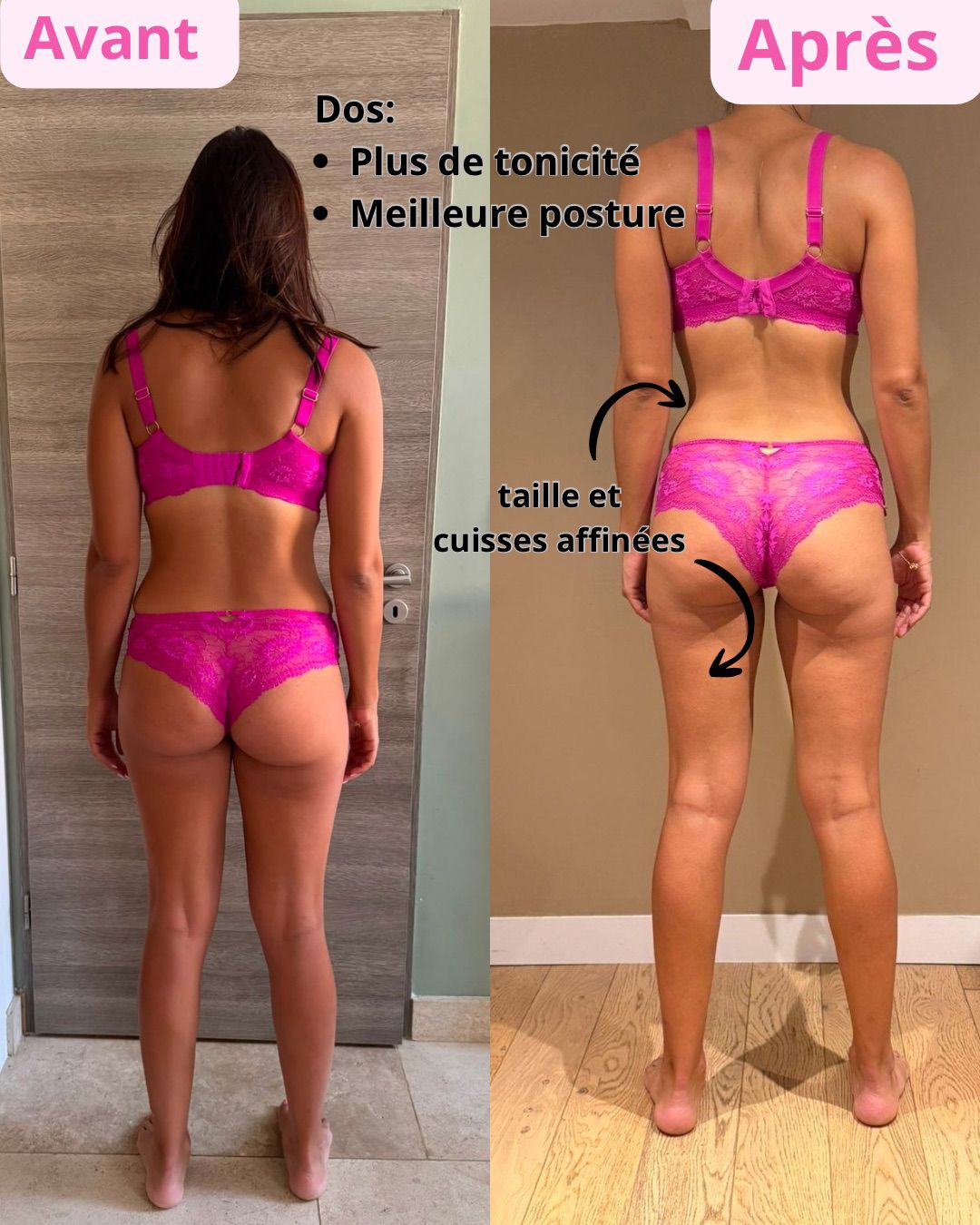 Photo avant/après de dos d'une cliente Sanoafit montrant sa transformation physique