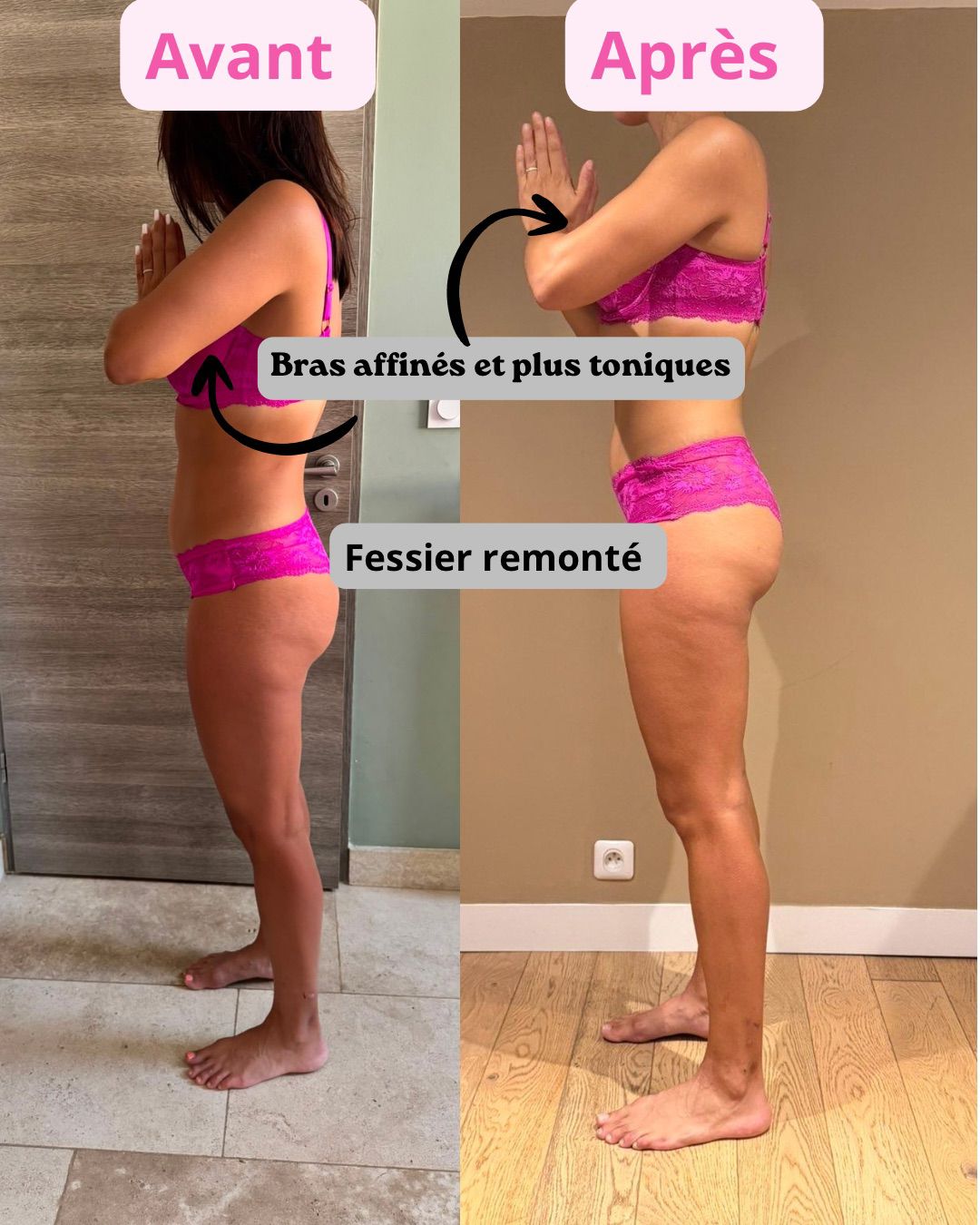 Photo avant/après de profil d'une cliente Sanoafit montrant sa transformation physique