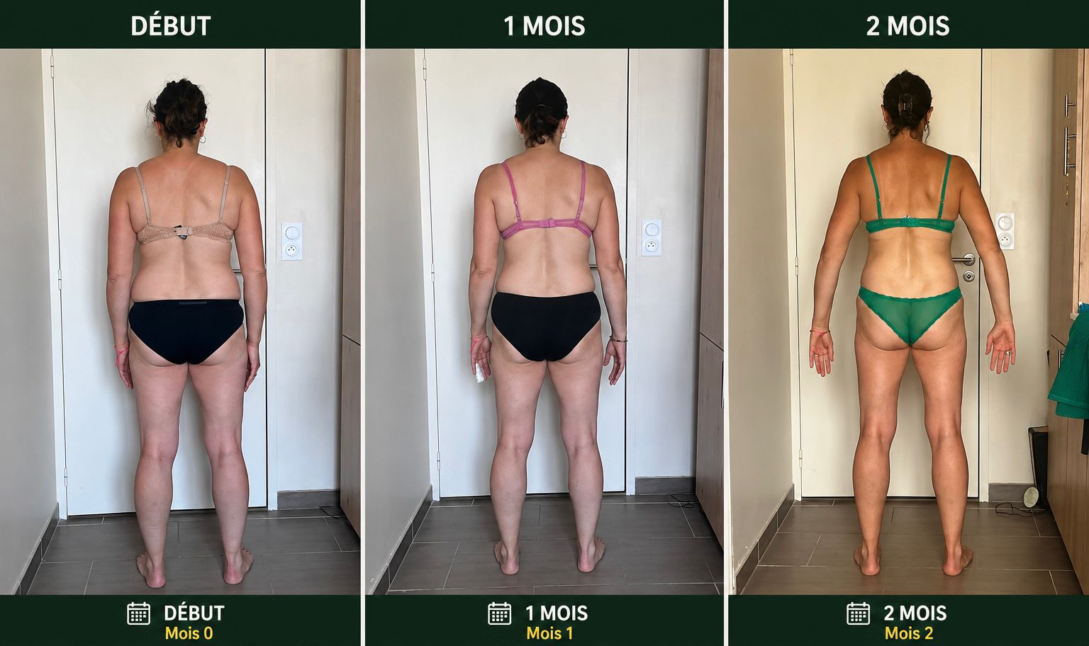 Photos de dos d'une cliente Sanoafit à début, 1 mois et 2 mois de programme