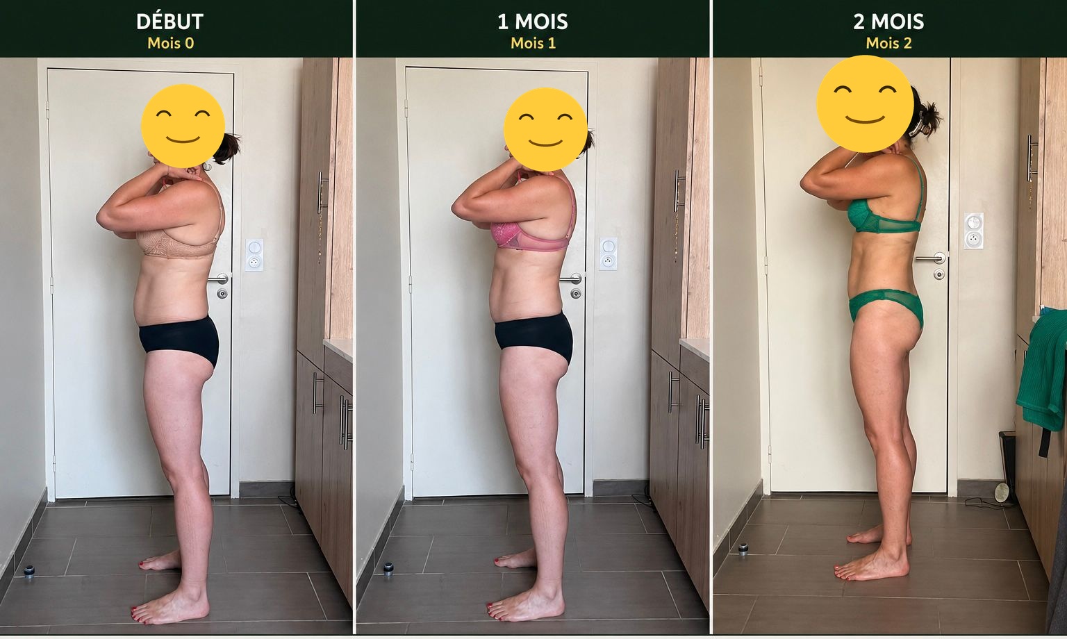 Photos de profil d'une cliente Sanoafit à début, 1 mois et 2 mois de programme, visage masqué pour préserver son anonymat